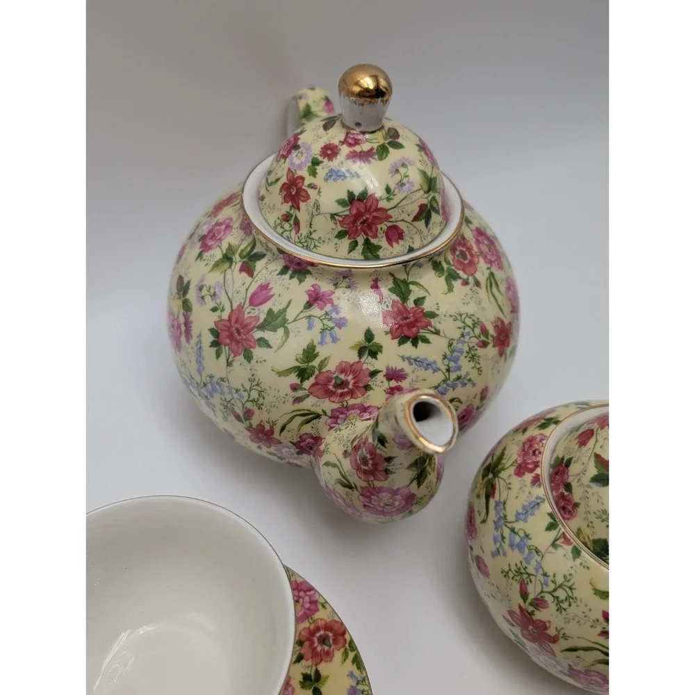VTG Charlotte Baum Brothers China Yellow & Pink Chintz Floral 13 Pc Set Cups Tea